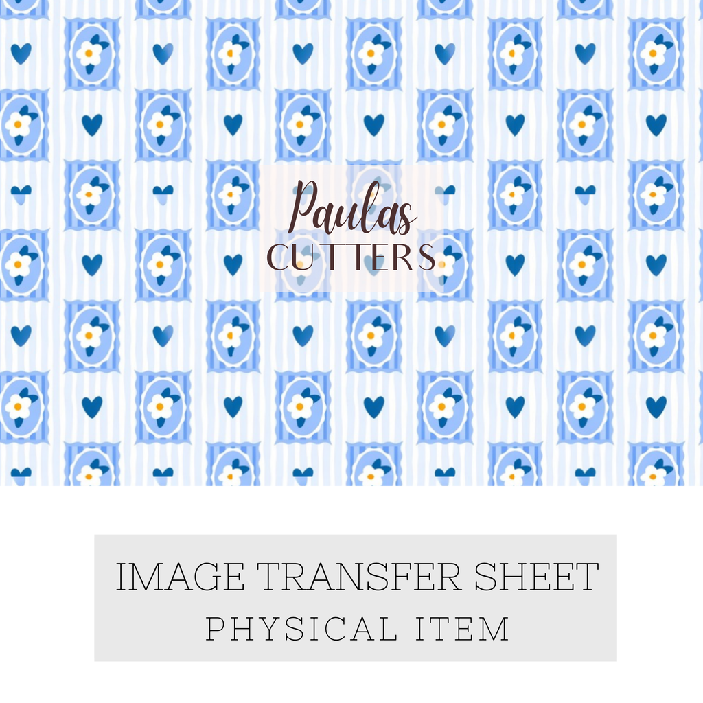 Polymer Clay Transfer Paper – Blue Daisy Heart Pattern for Earrings & Jewelry Making – TP-590
