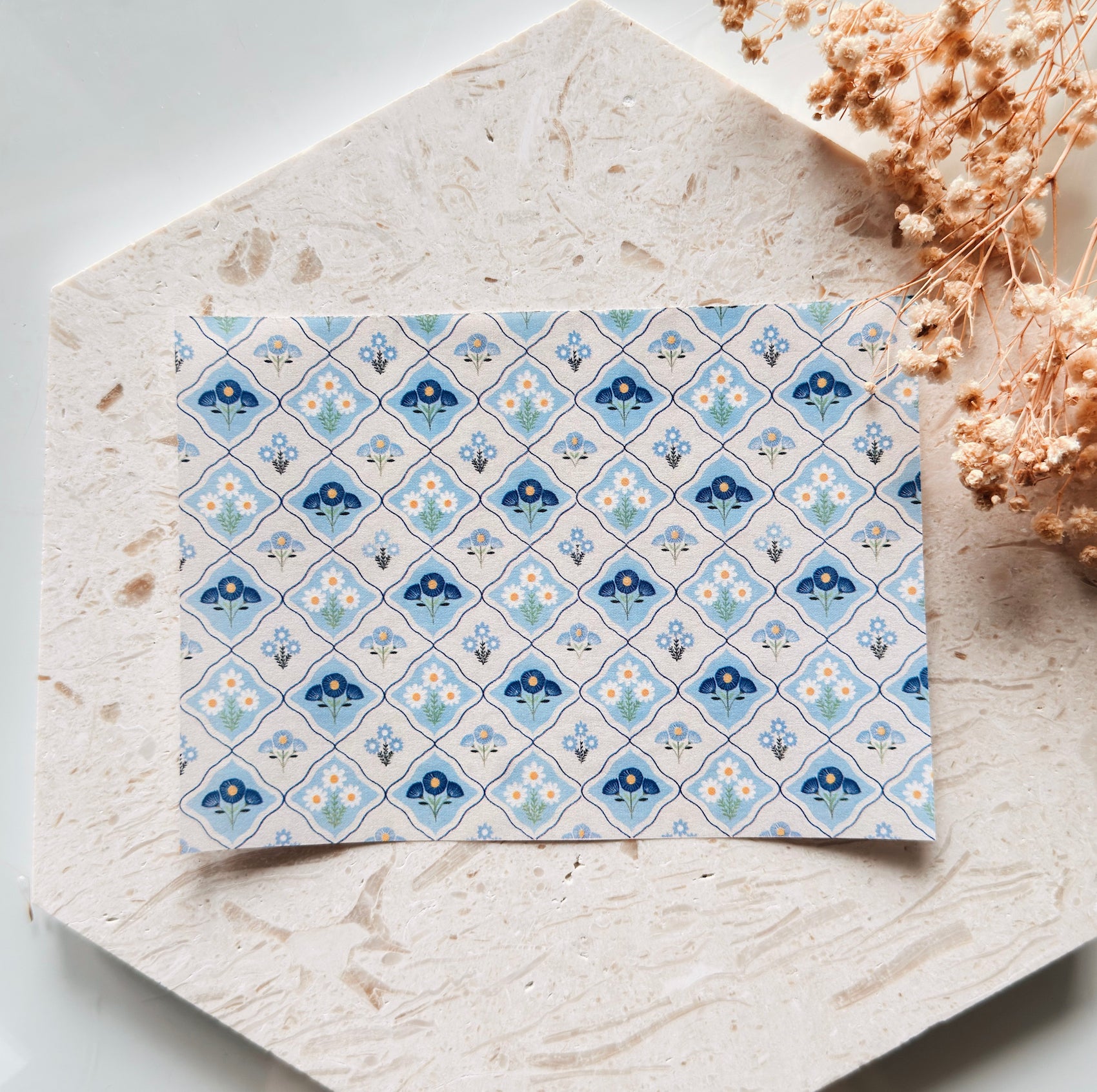 Polymer Clay Transfer Paper – Blue Vintage Tile Pattern for Earrings & Jewelry Making – TP-582